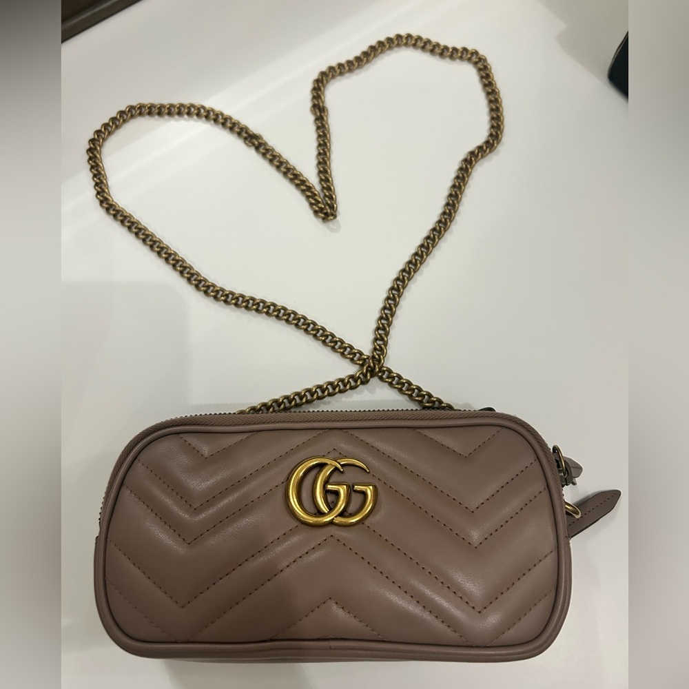 Gucci Taupe Crossbody Bag with Gold Accents